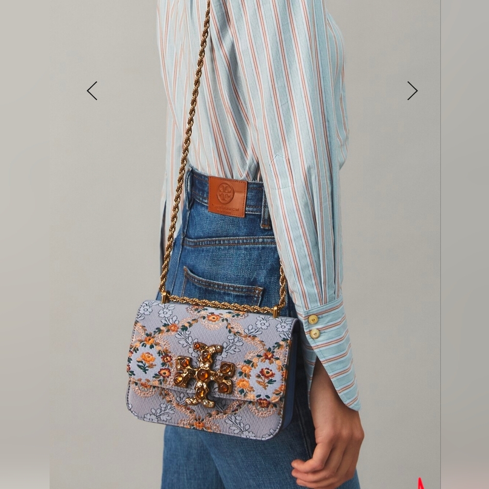 Tory Burch Small Eleanor Brocade Jeweled Logo Crossbody Bag- Sunset Bonf…
